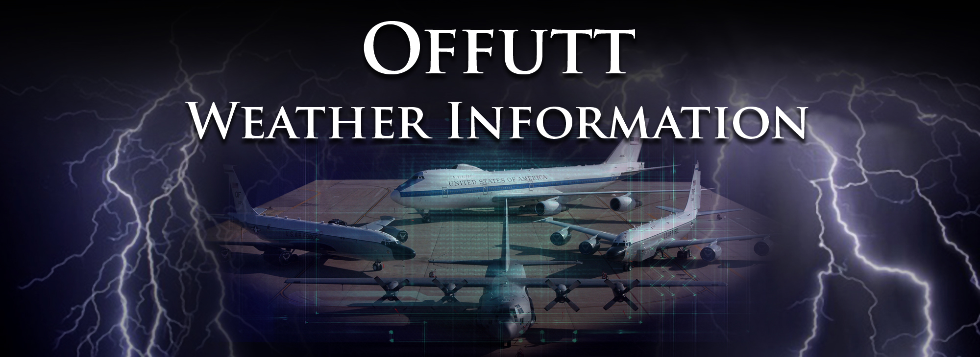Offutt Weather: Graphic of Aircraft with lightning and clouds