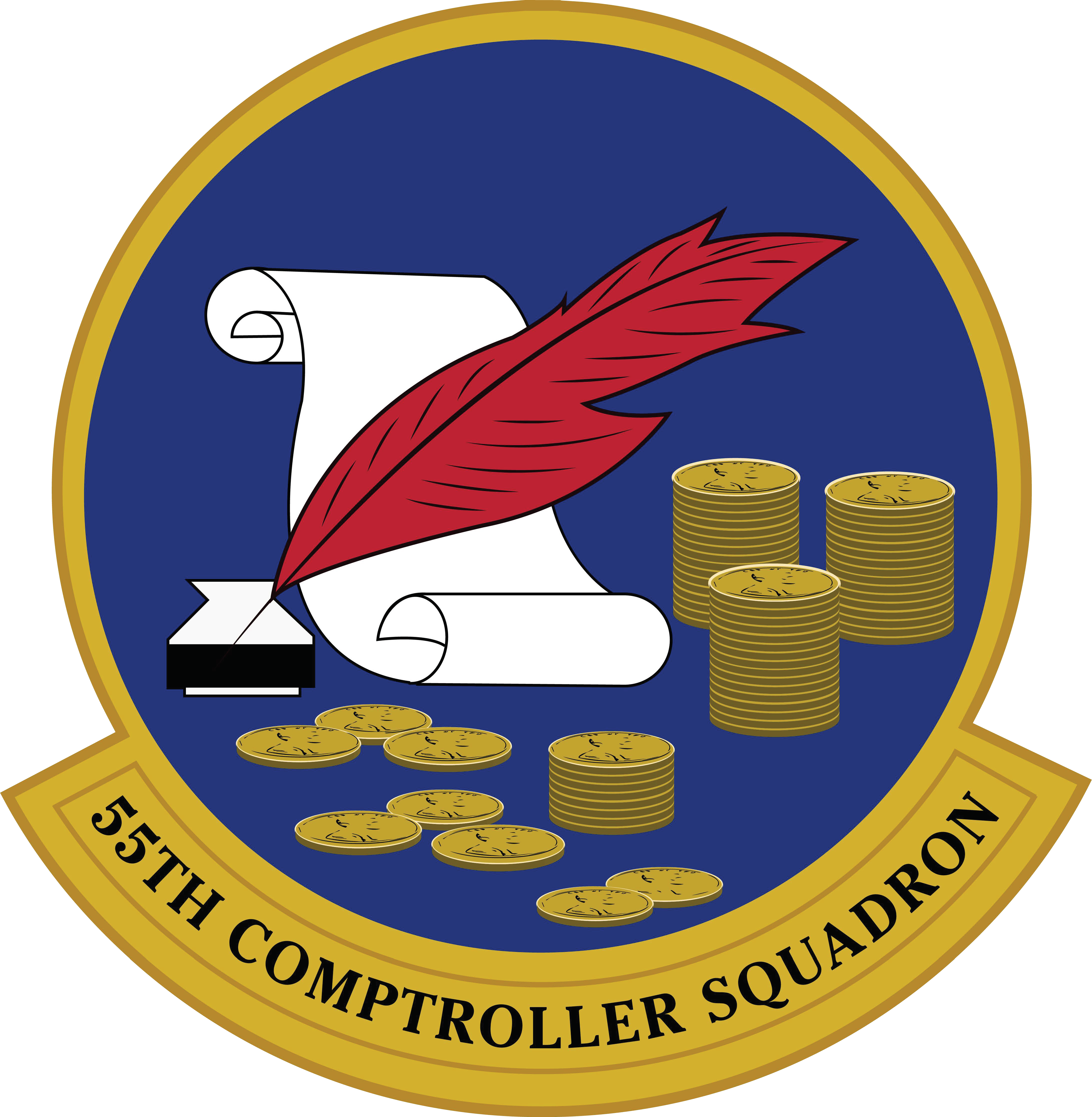 55th Comptroller Squadron emblem - quill and paper and coins